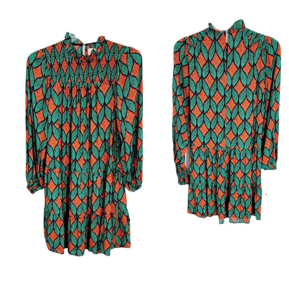 MELLODAY Size Small Green/Rush Ruffle Neckline Long Smoked Sleeve‎ Tiered Dress
